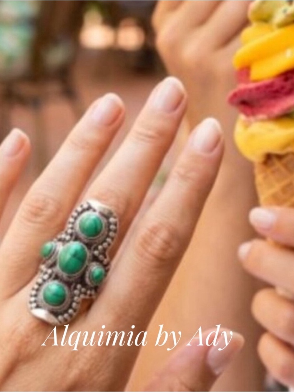 Silver Ring with Green turquoise Cabochons